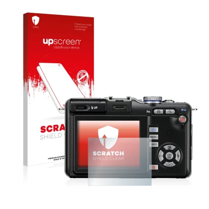 Face avant d’un emballage produit avec le logo de la marque upscreen. À côté, l’appareil Olympus PEN E-PL1 est représenté avec