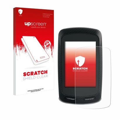 Face avant d’un emballage produit avec le logo de la marque upscreen. À côté, l’appareil Garmin Edge 800 est représenté avec l