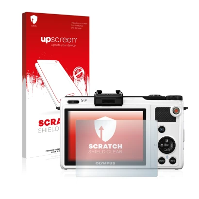 Face avant d’un emballage produit avec le logo de la marque upscreen. À côté, l’appareil Olympus XZ-1 est représenté avec la p