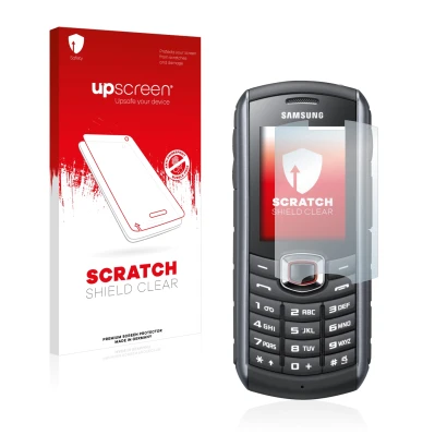 Face avant d’un emballage produit avec le logo de la marque upscreen. À côté, l’appareil Samsung GT-B2710 est représenté avec