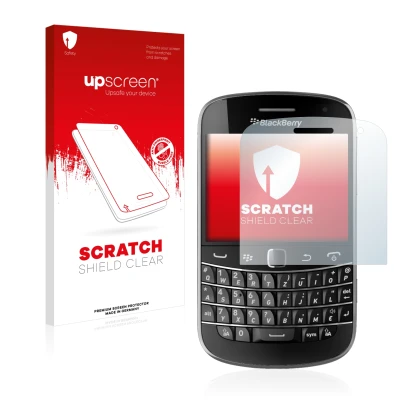 Face avant d’un emballage produit avec le logo de la marque upscreen. À côté, l’appareil RIM BlackBerry Bold Touch 9900 est re