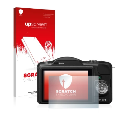 Face avant d’un emballage produit avec le logo de la marque upscreen. À côté, l’appareil Panasonic Lumix DMC-GF3 est représent