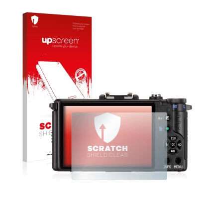 Face avant d’un emballage produit avec le logo de la marque upscreen. À côté, l’appareil Pentax Q est représenté avec la prote