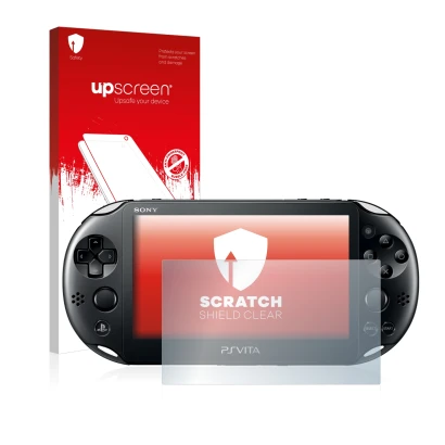 Face avant d’un emballage produit avec le logo de la marque upscreen. À côté, l’appareil Sony Playstation Vita est représenté