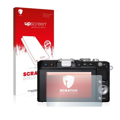 Face avant d’un emballage produit avec le logo de la marque upscreen. À côté, l’appareil Olympus PEN E-PL3 est représenté avec
