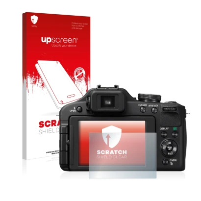 Face avant d’un emballage produit avec le logo de la marque upscreen. À côté, l’appareil Panasonic Lumix DMC-FZ150 est représe