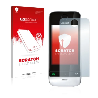 Face avant d’un emballage produit avec le logo de la marque upscreen. À côté, l’appareil Gigaset SL910 (découpe circulaire) es