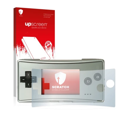 Face avant d’un emballage produit avec le logo de la marque upscreen. À côté, l’appareil Nintendo Gameboy Micro est représenté
