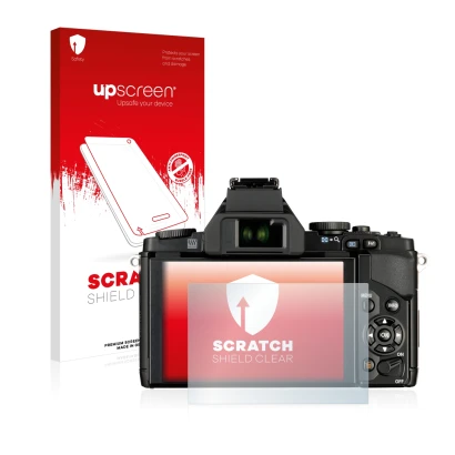 Face avant d’un emballage produit avec le logo de la marque upscreen. À côté, l’appareil Olympus OM-D E-M5 est représenté avec