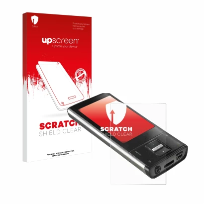 Face avant d’un emballage produit avec le logo de la marque upscreen. À côté, l’appareil Intenso Video Shooter 2,4" est représ