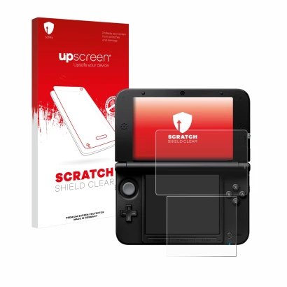 Face avant d’un emballage produit avec le logo de la marque upscreen. À côté, l’appareil Nintendo 3DS XL SPM7800 est représent