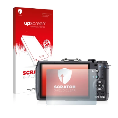 Face avant d’un emballage produit avec le logo de la marque upscreen. À côté, l’appareil Pentax Q10 est représenté avec la pro