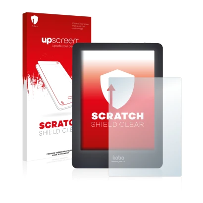 Face avant d’un emballage produit avec le logo de la marque upscreen. À côté, l’appareil Kobo Glo est représenté avec la prote