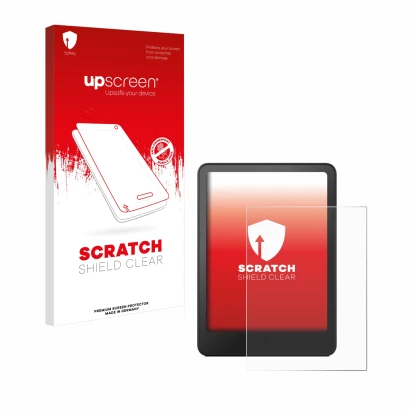 Face avant d’un emballage produit avec le logo de la marque upscreen. À côté, l’appareil Amazon Kindle Paperwhite 2012 est rep