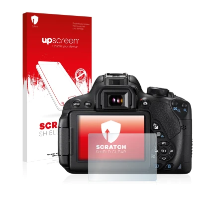 Face avant d’un emballage produit avec le logo de la marque upscreen. À côté, l’appareil Canon EOS 700D est représenté avec la