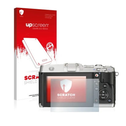 Face avant d’un emballage produit avec le logo de la marque upscreen. À côté, l’appareil Olympus PEN E-P5 est représenté avec 