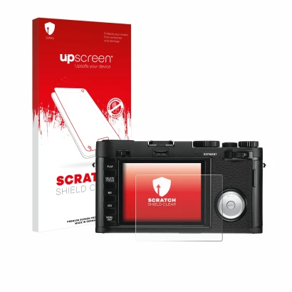 Face avant d’un emballage produit avec le logo de la marque upscreen. À côté, l’appareil Leica X Vario est représenté avec la