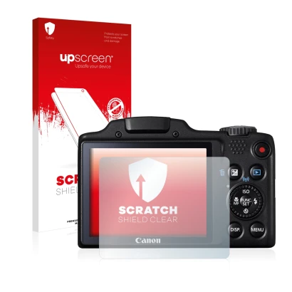 Face avant d’un emballage produit avec le logo de la marque upscreen. À côté, l’appareil Canon PowerShot SX510 HS est représen