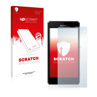 Face avant d’un emballage produit avec le logo de la marque upscreen. À côté, l’appareil Sony Xperia Z1 Compact D5503 est repr
