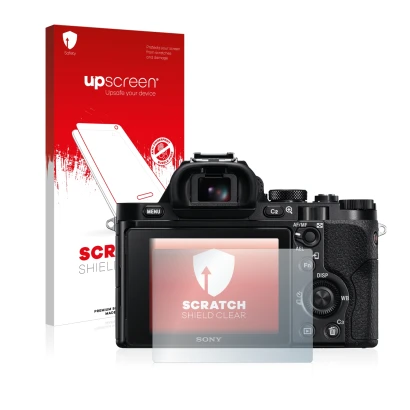 Face avant d’un emballage produit avec le logo de la marque upscreen. À côté, l’appareil Sony Alpha 7 (ILCE-7) est représenté 