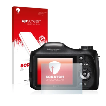 Face avant d’un emballage produit avec le logo de la marque upscreen. À côté, l’appareil Sony Cyber-Shot DSC-H300 est représen