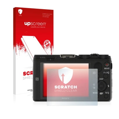 Face avant d’un emballage produit avec le logo de la marque upscreen. À côté, l’appareil Sony Cyber-Shot DSC-HX60V est représe