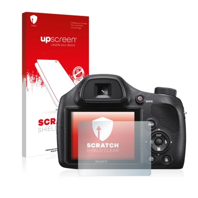 Face avant d’un emballage produit avec le logo de la marque upscreen. À côté, l’appareil Sony Cyber-Shot DSC-H400 est représen