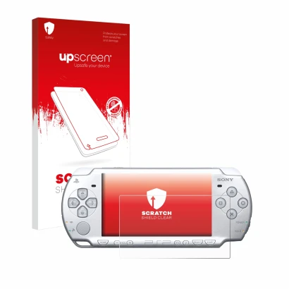 Face avant d’un emballage produit avec le logo de la marque upscreen. À côté, l’appareil Sony PSP 2004 est représenté avec la