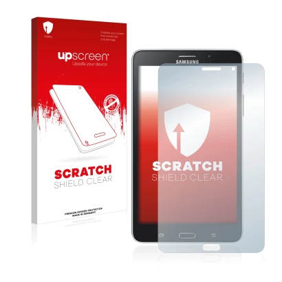 Face avant d’un emballage produit avec le logo de la marque upscreen. À côté, l’appareil Samsung Galaxy Tab Tab 4 7.0 LTE est 