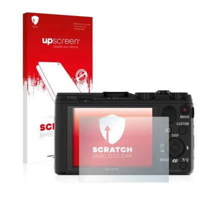 Face avant d’un emballage produit avec le logo de la marque upscreen. À côté, l’appareil Sony Cyber-Shot DSC-HX50 est représen
