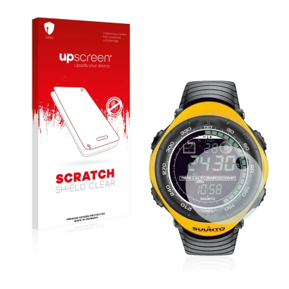 Face avant d’un emballage produit avec le logo de la marque upscreen. À côté, l’appareil Suunto Vector Yellow est représenté a