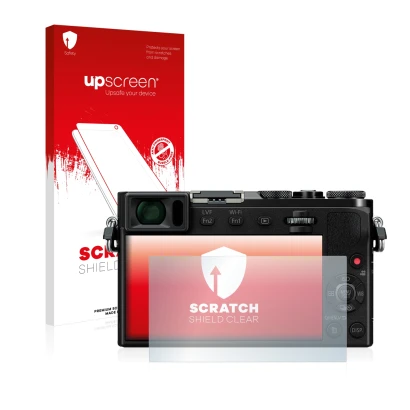 Face avant d’un emballage produit avec le logo de la marque upscreen. À côté, l’appareil Panasonic Lumix DMC-GM5 est représent