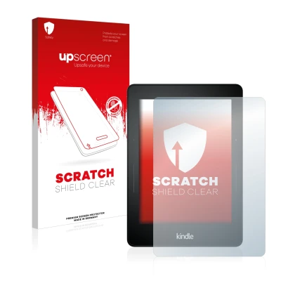 Face avant d’un emballage produit avec le logo de la marque upscreen. À côté, l’appareil Amazon Kindle Voyage est représenté a