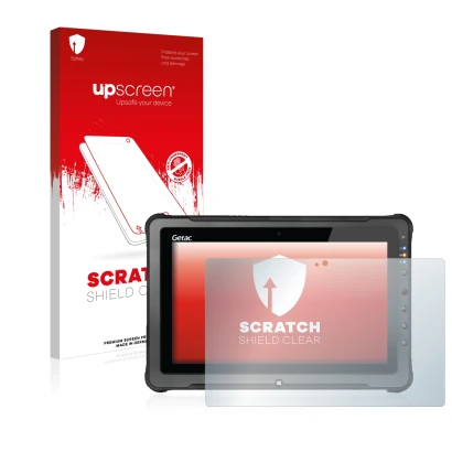 Face avant d’un emballage produit avec le logo de la marque upscreen. À côté, l’appareil Getac F110 G5 est représenté avec la 