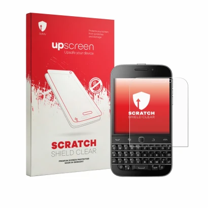 Face avant d’un emballage produit avec le logo de la marque upscreen. À côté, l’appareil Blackberry Classic Q20 est représenté