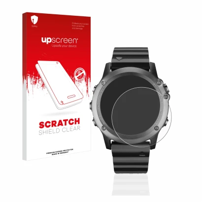 Face avant d’un emballage produit avec le logo de la marque upscreen. À côté, l’appareil Garmin Fenix 3 est représenté avec la