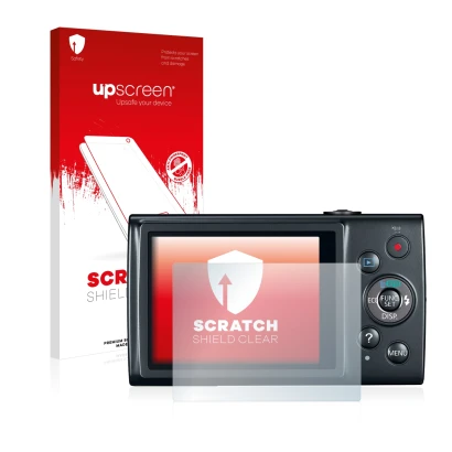 Face avant d’un emballage produit avec le logo de la marque upscreen. À côté, l’appareil Canon IXUS 170 est représenté avec la
