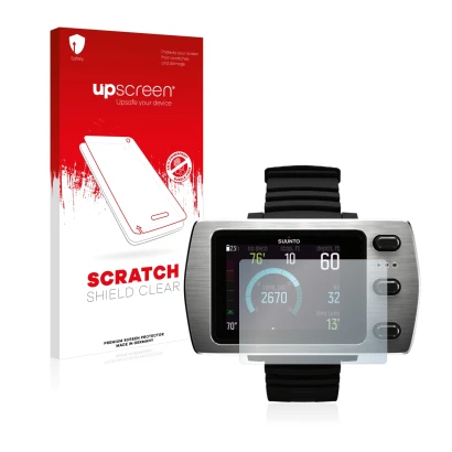 Face avant d’un emballage produit avec le logo de la marque upscreen. À côté, l’appareil Suunto Eon Steel est représenté avec 