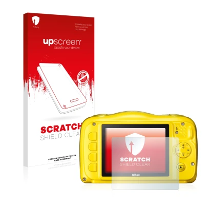 Face avant d’un emballage produit avec le logo de la marque upscreen. À côté, l’appareil Nikon Coolpix S33 est représenté avec