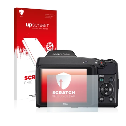 Face avant d’un emballage produit avec le logo de la marque upscreen. À côté, l’appareil Nikon Coolpix L840 est représenté ave