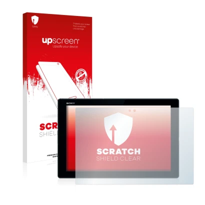 Face avant d’un emballage produit avec le logo de la marque upscreen. À côté, l’appareil Sony Xperia Z4 Tablet est représenté