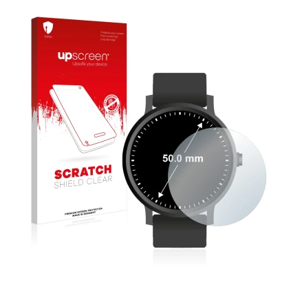 Face avant d’un emballage produit avec le logo de la marque upscreen. À côté, l’appareil Montres (Circulaire, ø: 50 mm) est re