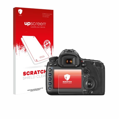 Face avant d’un emballage produit avec le logo de la marque upscreen. À côté, l’appareil Canon EOS 5DS R est représenté avec l