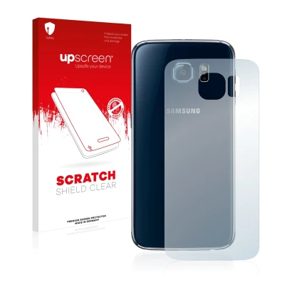 Face avant d’un emballage produit avec le logo de la marque upscreen. À côté, l’appareil Samsung SM-G920F (Arrière) est représ