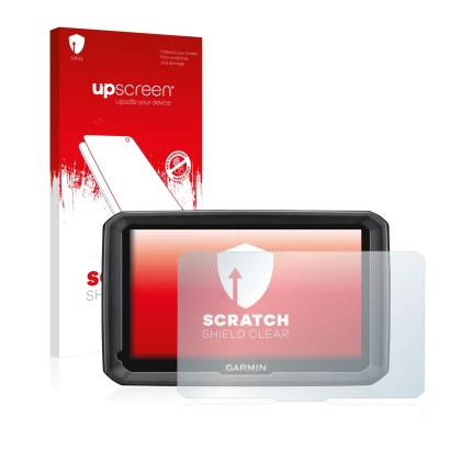 Face avant d’un emballage produit avec le logo de la marque upscreen. À côté, l’appareil Garmin dezl 770 LMT-D est représenté 