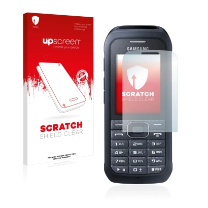 Face avant d’un emballage produit avec le logo de la marque upscreen. À côté, l’appareil Samsung Xcover 550 est représenté ave
