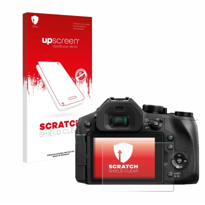 Face avant d’un emballage produit avec le logo de la marque upscreen. À côté, l’appareil Panasonic Lumix DMC-FZ300 est représe