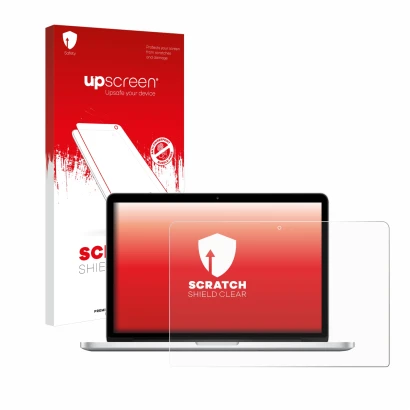 Face avant d’un emballage produit avec le logo de la marque upscreen. À côté, l’appareil Apple MacBook Retina Pro 13" 2015 est
