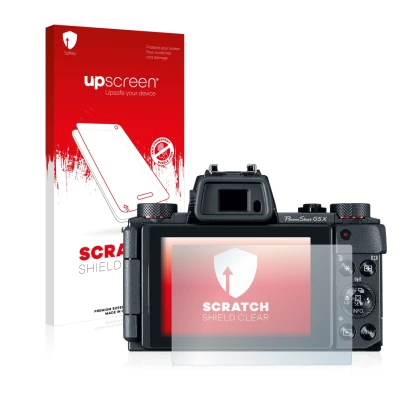 Face avant d’un emballage produit avec le logo de la marque upscreen. À côté, l’appareil Canon PowerShot G5 X est représenté a