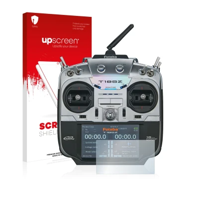 Face avant d’un emballage produit avec le logo de la marque upscreen. À côté, l’appareil Robbe Futaba T18SZ est représenté ave